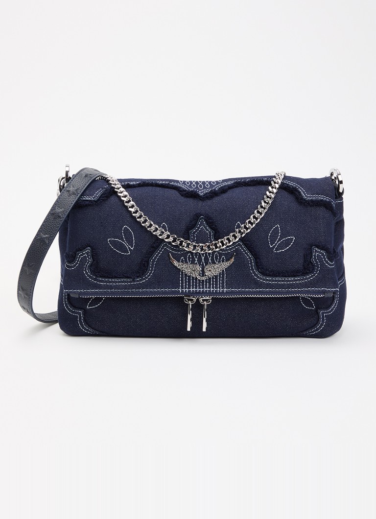 Zadig&Voltaire Dames Rocky II schoudertas van denim met borduring en logo in de kleur Indigo