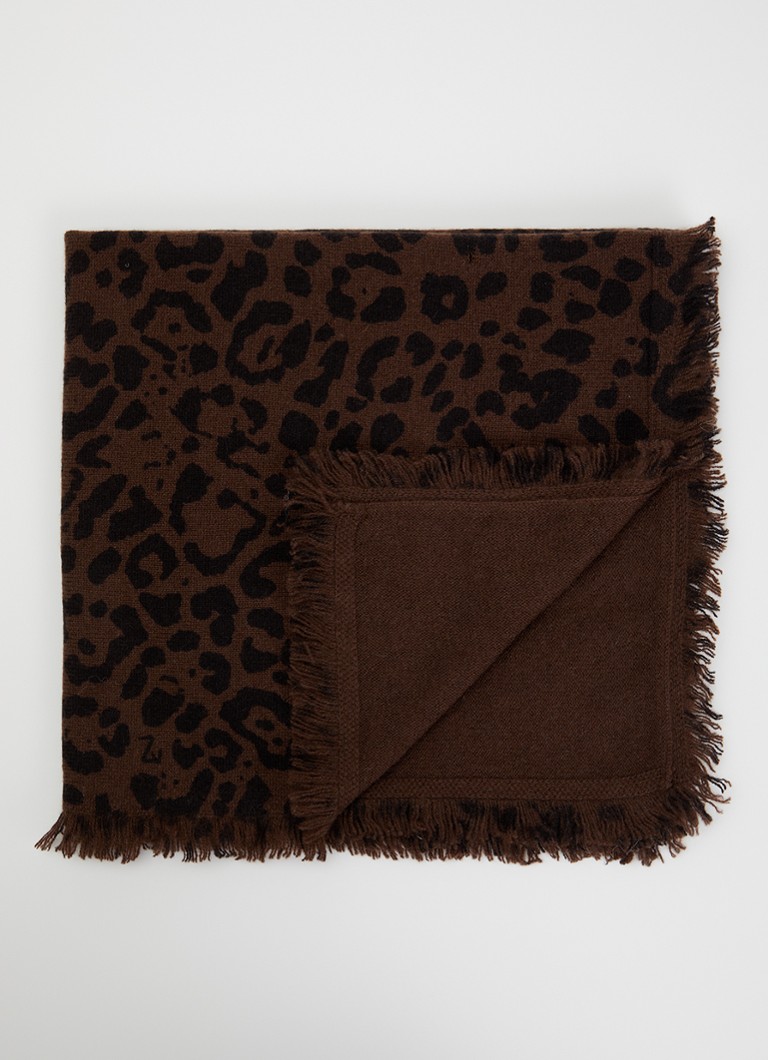Zadig&Voltaire Dames Mini Stevie Leo sjaal van kasjmier met panterprint en franjes 55 x 55 cm in de kleur Donkerbruin
