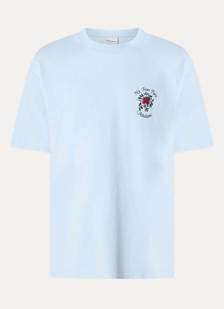 Drôle de Monsieur Heren Slogan Rose T-shirt met logo- en backprint in de kleur Lichtblauw, maat: S
