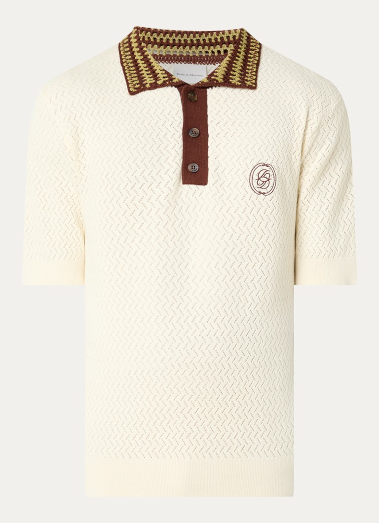 Drôle de Monsieur Heren Fijngebreide regular fit polo met logo en opengewerkt dessin in de kleur Gebroken wit, maat: S