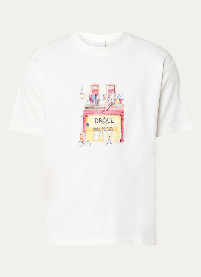 Drôle de Monsieur Heren Café T-shirt met logoprint in de kleur Gebroken wit, maat: S