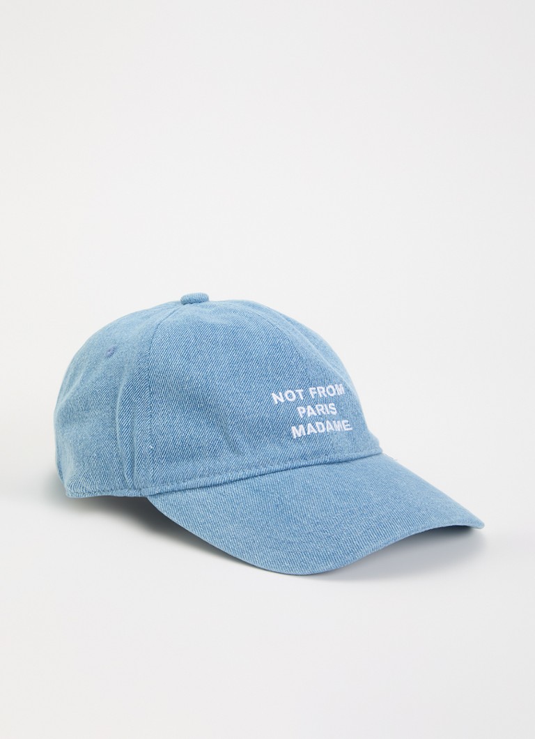 Drôle de Monsieur Heren Slogan pet van denim met borduring in de kleur Staalblauw, maat: One Size