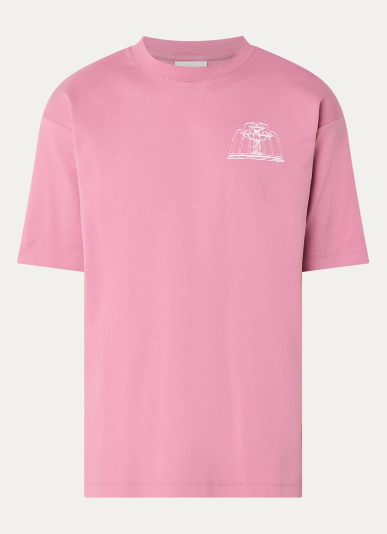Drôle de Monsieur Heren Fountain T-shirt met logo- en backprint in de kleur Donkerroze, maat: S