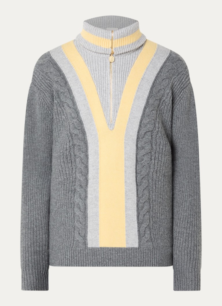 Drôle de Monsieur Heren Ribgebreide pullover in kasjmierblend met halve rits in de kleur Grijs, maat: L