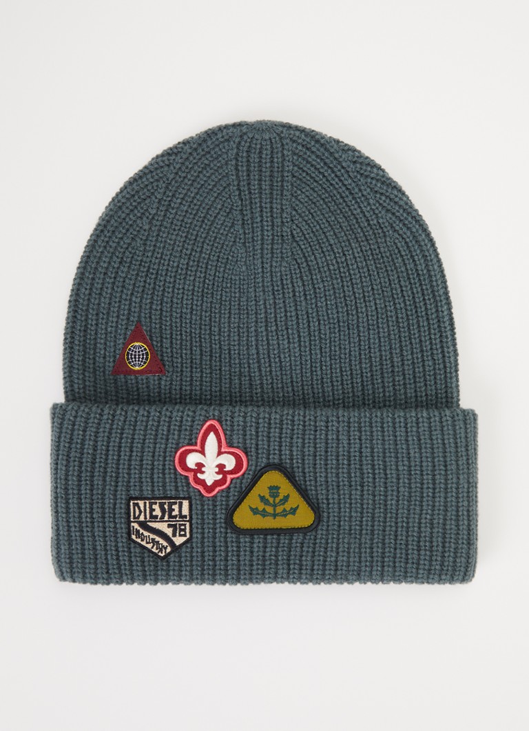 Diesel Heren K-Phat ribgebreide muts van wol met logoborduring in de kleur Olijfgroen