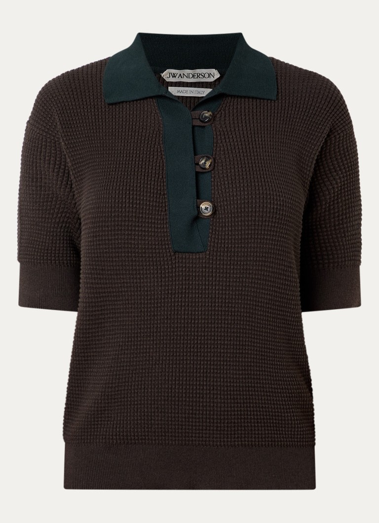 J.W. Anderson Dames Grofgebreide polo in kasjmierblend met ribstructuur in de kleur Donkerbruin, maat: S
