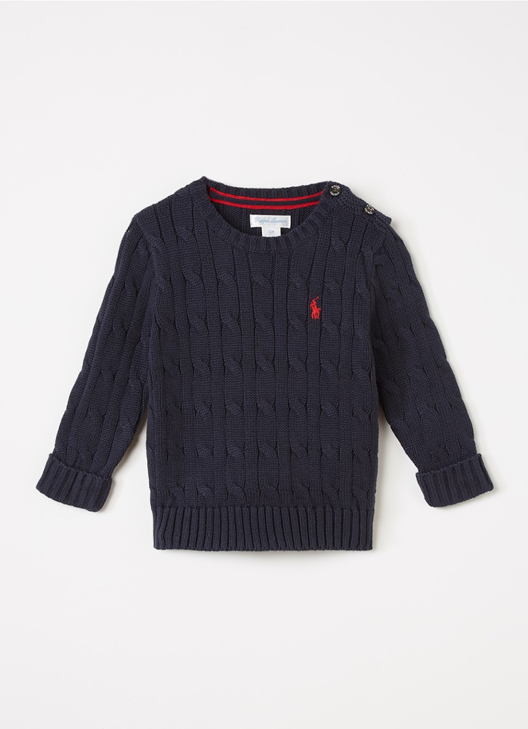 Ralph Lauren Jongens Kabelgebreide pullover met logoborduring in de kleur Donkerblauw, maat: 3M