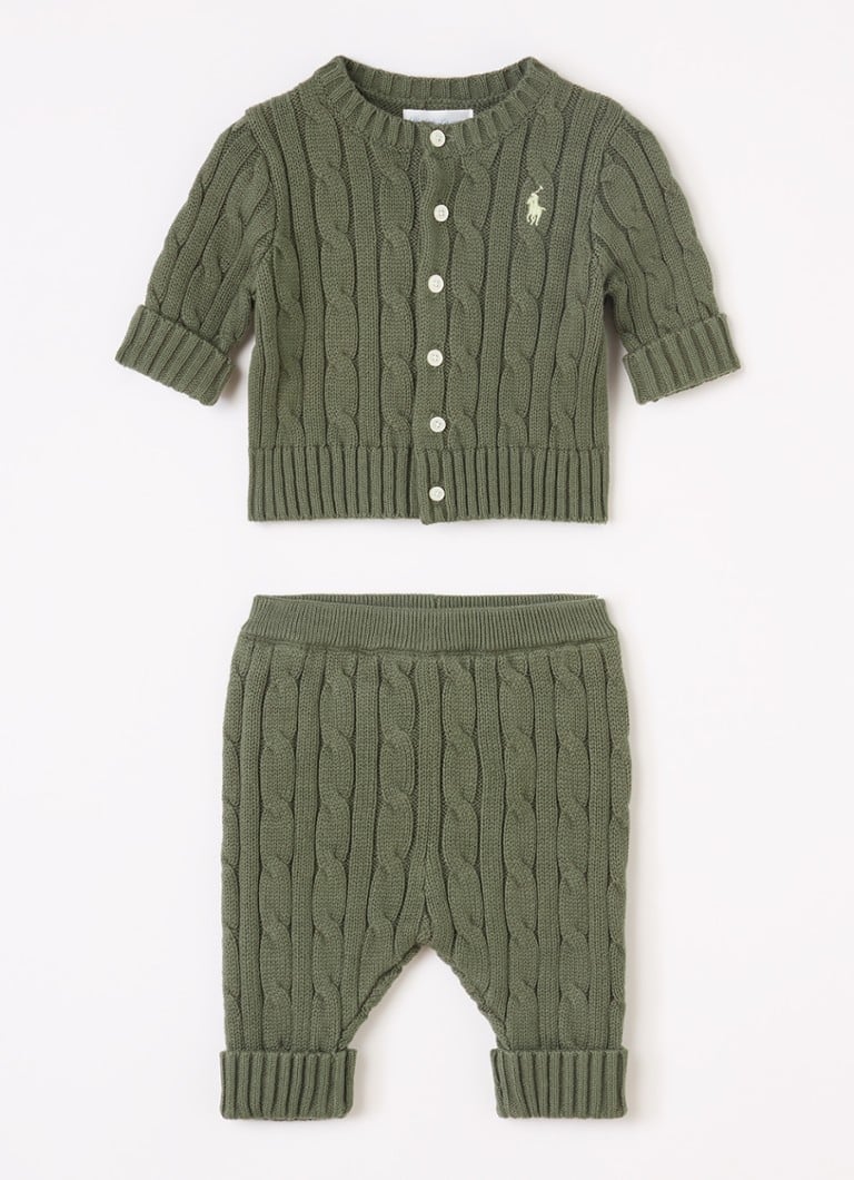 Ralph Lauren Meisjes Set van kabelgebreid vest met broek 2-delig in de kleur Olijfgroen, maat: NB=50