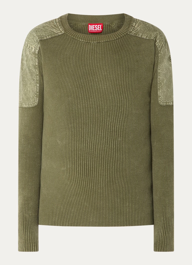 Diesel Heren Ribgebreide pullover met logo in de kleur Mosgroen
