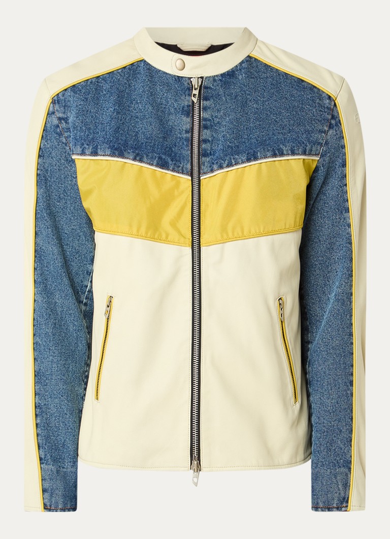 Diesel Heren L-Leopol bikerjack van lamsleer met details van denim in de kleur Lichtgeel