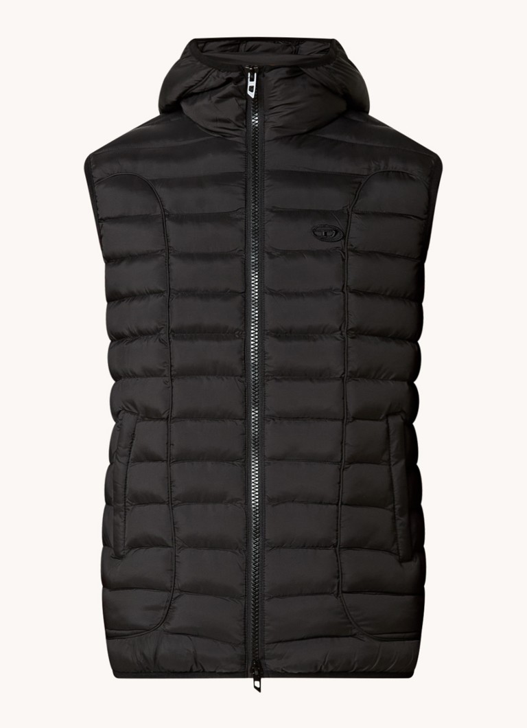 Diesel Heren W-Temple gewatteerde bodywarmer met capuchon en logo in de kleur Zwart