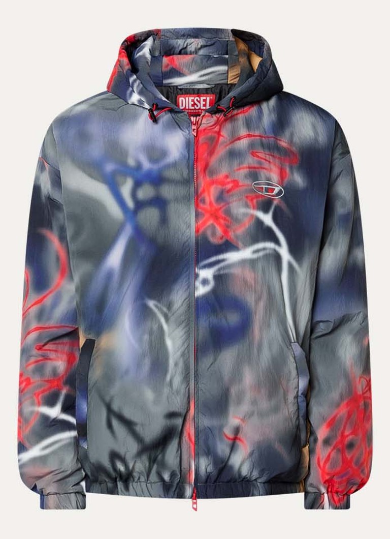 Diesel Heren J-Mirr gewatteerd windjack met print en logoborduring in de kleur Antraciet