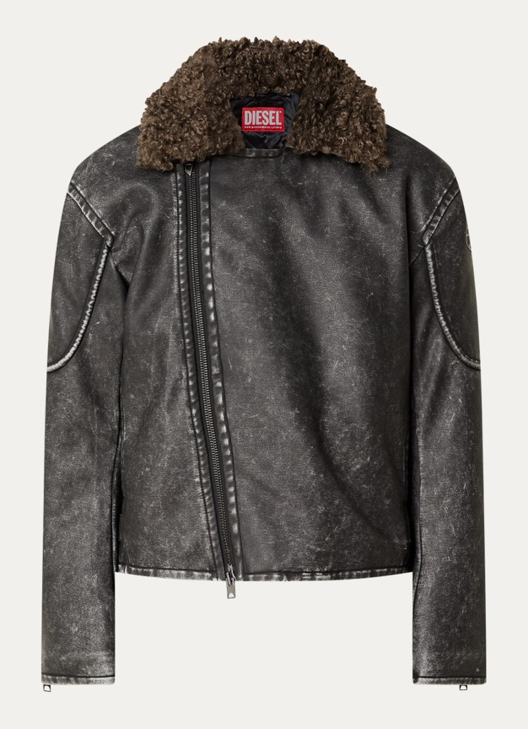 Diesel Heren W-Alex lammy coat van imitatieleer met afneembare kraag van imitatiebont in de kleur Zwart