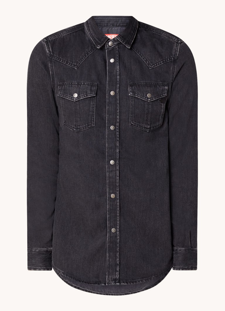 Diesel Heren D-Vega regular fit overhemd van chambray met borstzakken in de kleur Zwart