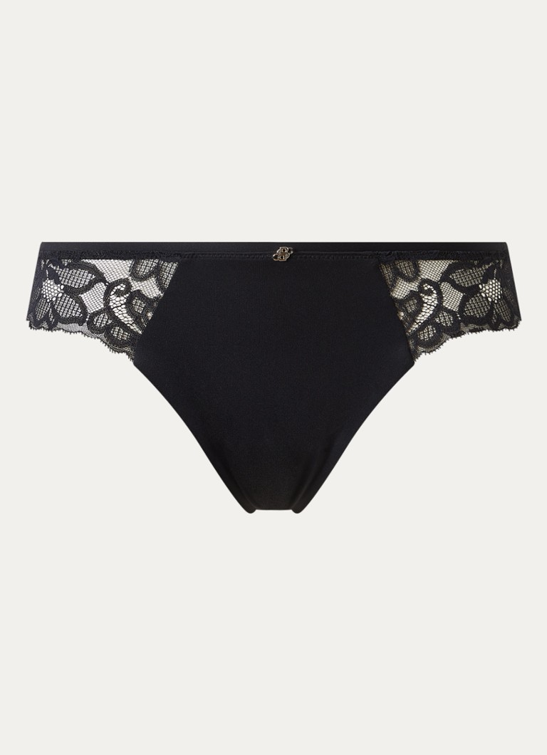 BOSS Dames Kanten slip met mesh plooitjes en goudkleurig bedeltje in de kleur Zwart