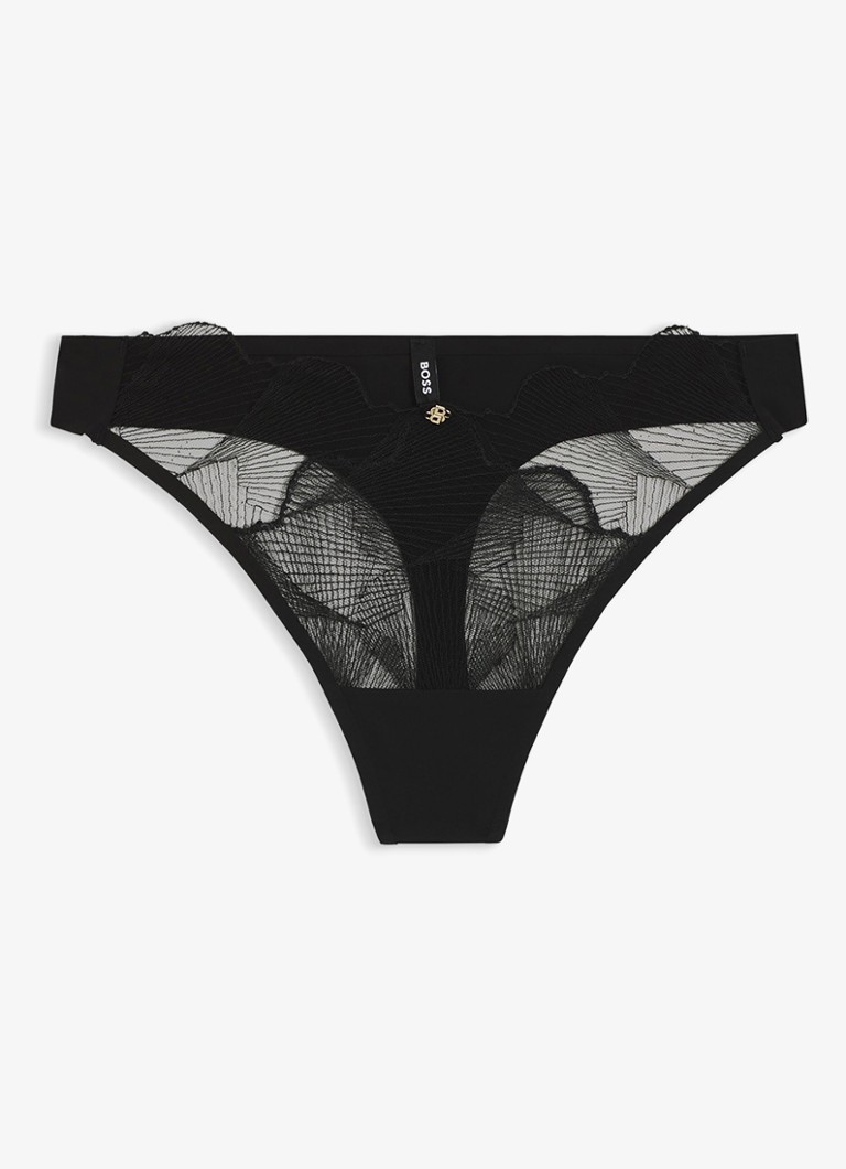BOSS Dames String met mesh en borduring in de kleur Zwart