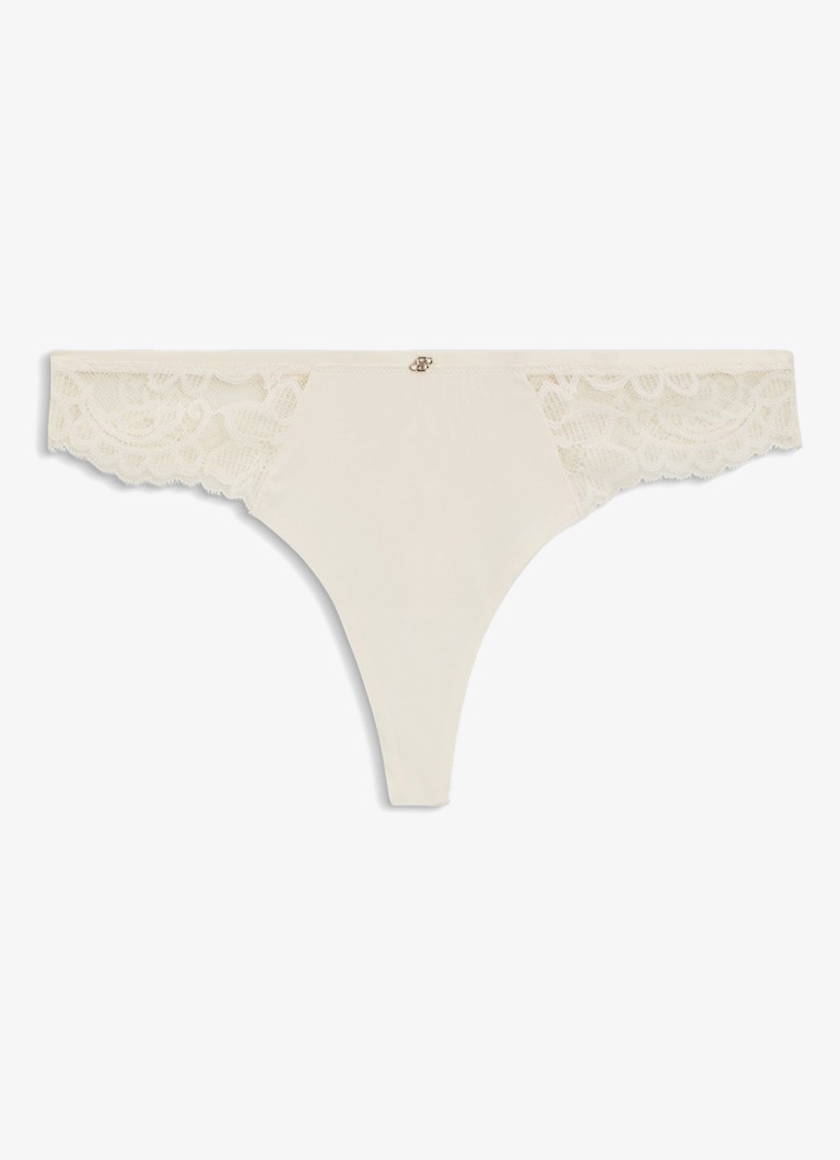 BOSS Dames Kanten slip met mesh plooitjes en goudkleurig bedeltje in de kleur Gebroken wit