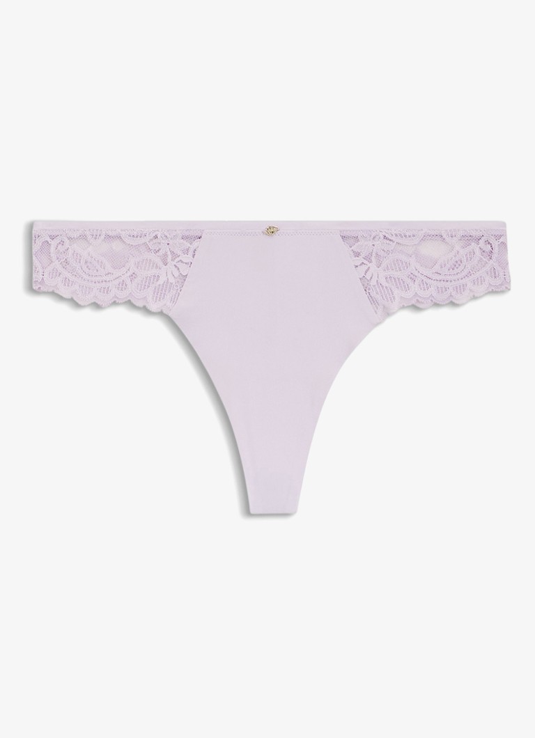 BOSS Dames Kanten slip met mesh plooitjes en goudkleurig bedeltje in de kleur Paars