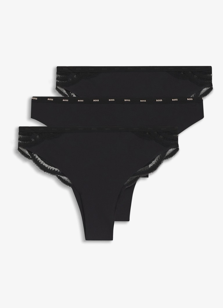 BOSS Dames Tanga met kant 3-pack in de kleur Zwart