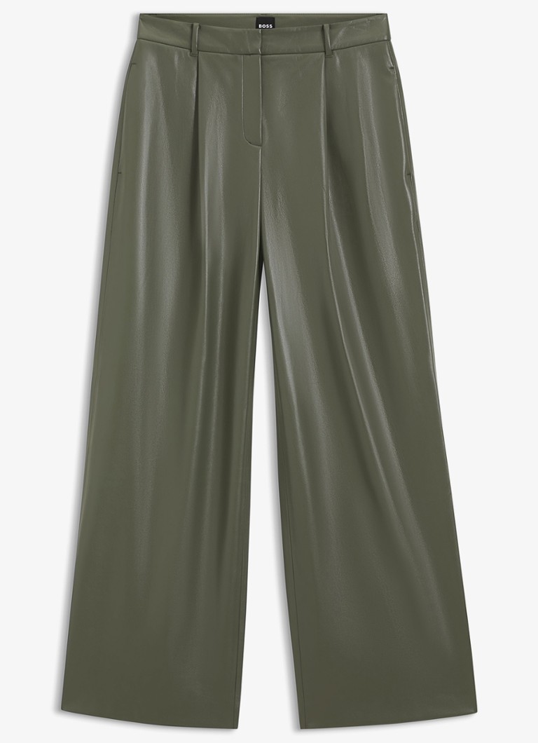 BOSS Dames High waist wide fit pantalon van imitatieleer in de kleur Donkergroen