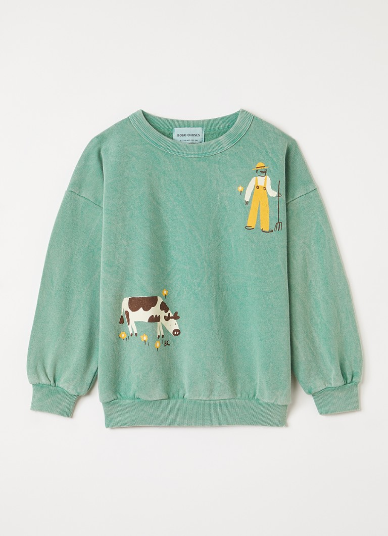 BOBO CHOSES Meisjes Farm sweater met print in de kleur Groen, maat: 10-11Y=140