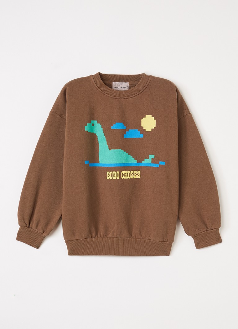 BOBO CHOSES Jongens Lake Monster sweater met print in de kleur Bruin, maat: 4Y-5Y=104