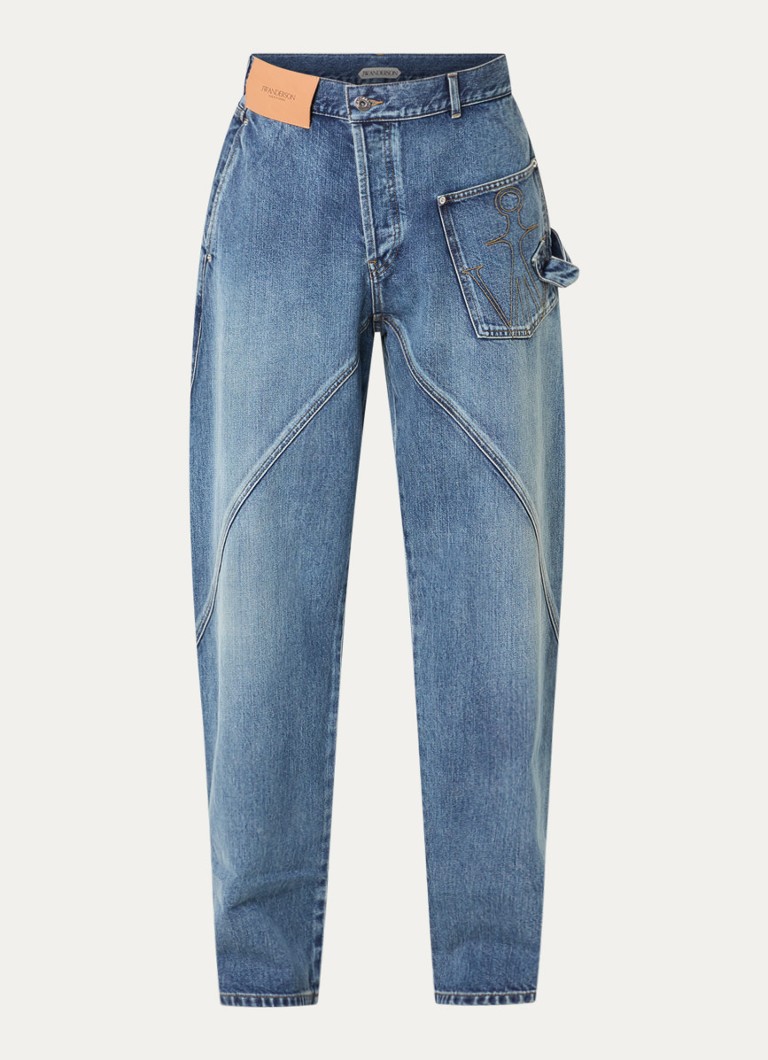 J.W. Anderson Heren Tapered jeans met medium wassing en logoborduring in de kleur Blauw, maat: 36