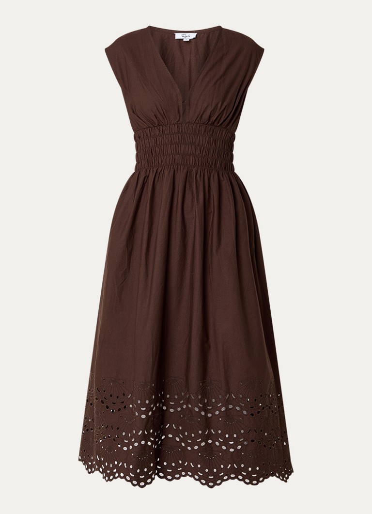 Rails Dames Midi jurk met broderie en V-hals in de kleur Donkerbruin
