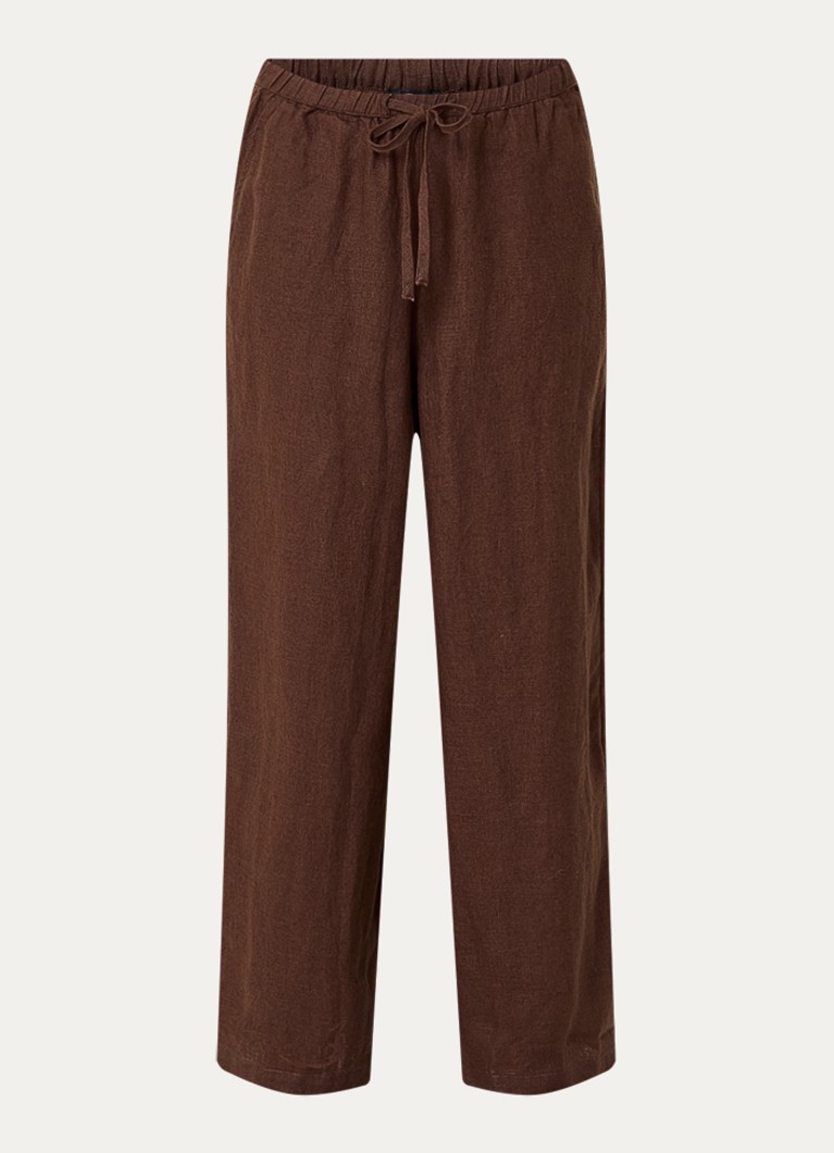 Rails Dames Mid waist straight fit broek van linnen met steekzakken in de kleur Donkerbruin