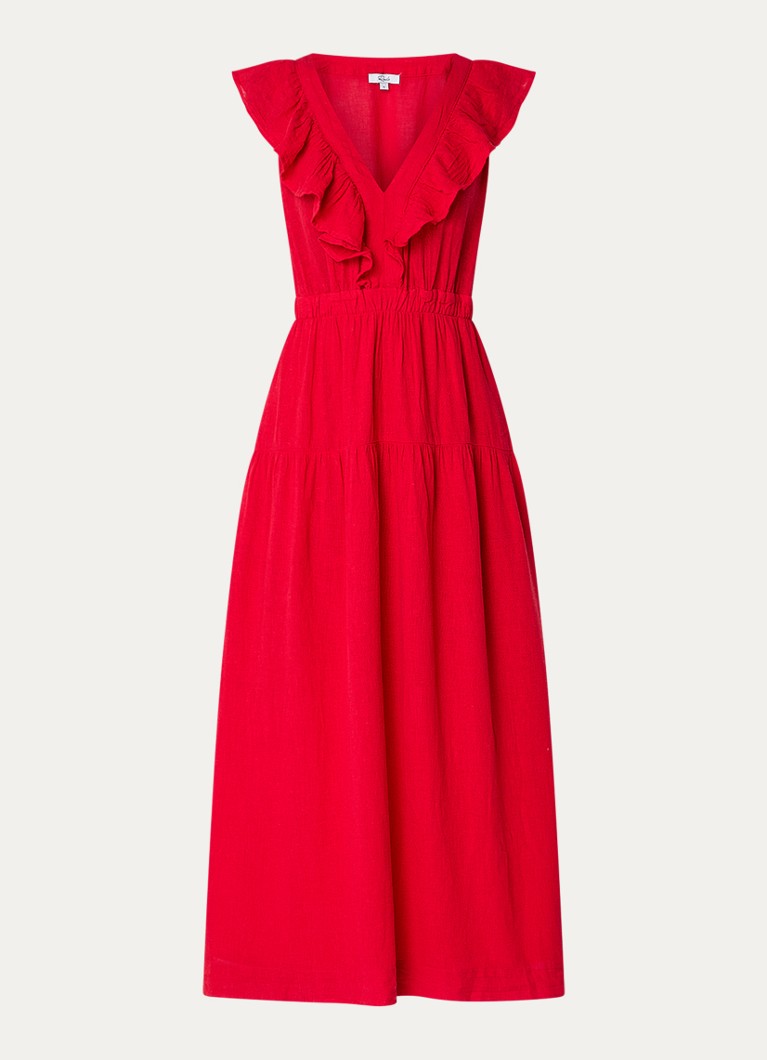 Rails Dames Maxi jurk in linnenblend met ruches in de kleur Rood