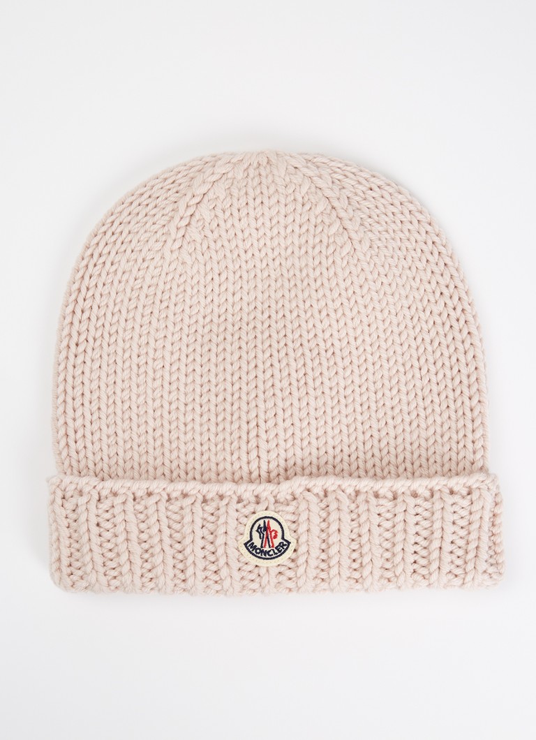 Moncler Jongens Grofgebreide muts van wol met logo in de kleur Lichtroze, maat: L