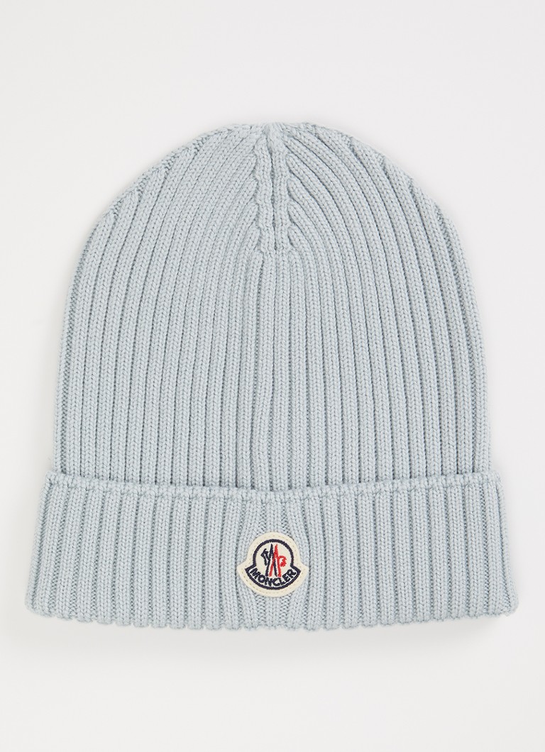 Moncler Meisjes Ribgebreide muts van wol met logo in de kleur Lichtblauw, maat: L