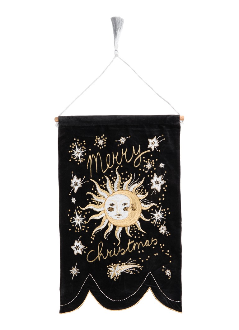 Anna + Nina Celestial Christmas klein wandkleed van fluweel met borduring Zwart - Deal