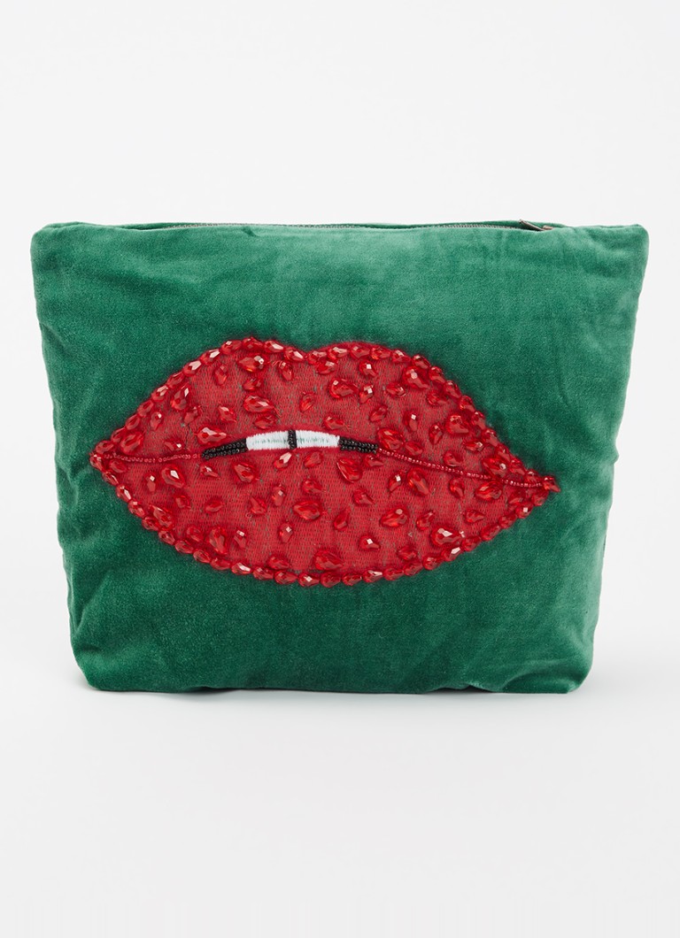 Anna + Nina Beaded Pout make-up tas met borduring en kralendecoratie Donkergroen - Deal