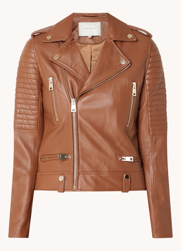 Fifth House Dames Must bikerjack van lamsleer met ritszakken in de kleur Bruin