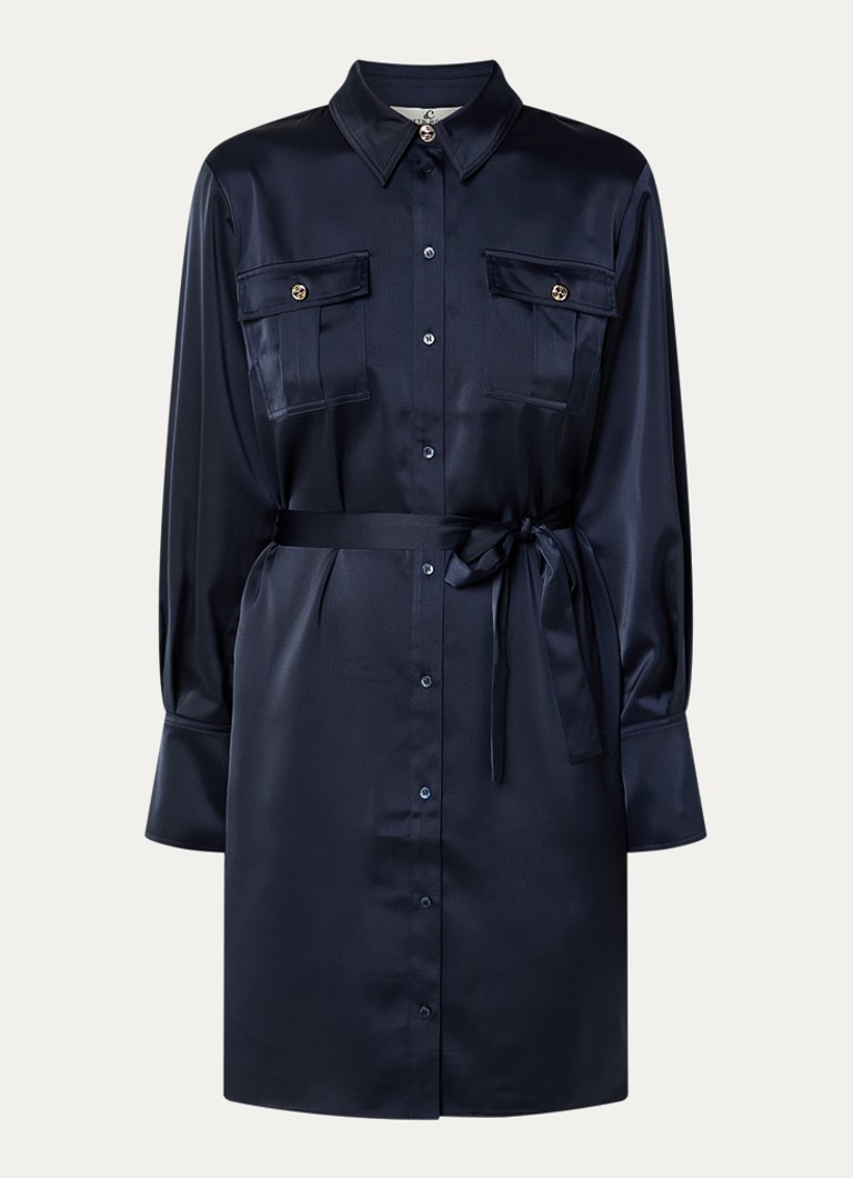 Fifth House Dames Lora mini blousejurk van satijn met strikceintuur in de kleur Donkerblauw
