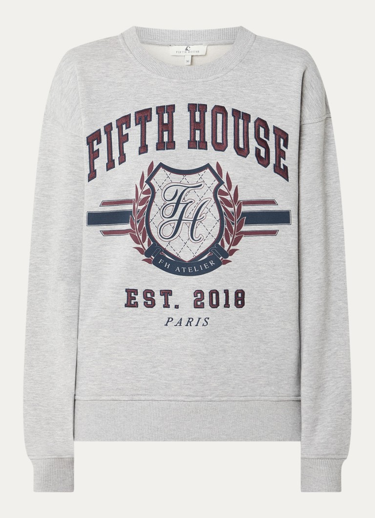 Fifth House Dames Logan sweater met logoprint en gemêleerd dessin in de kleur Grijsmele