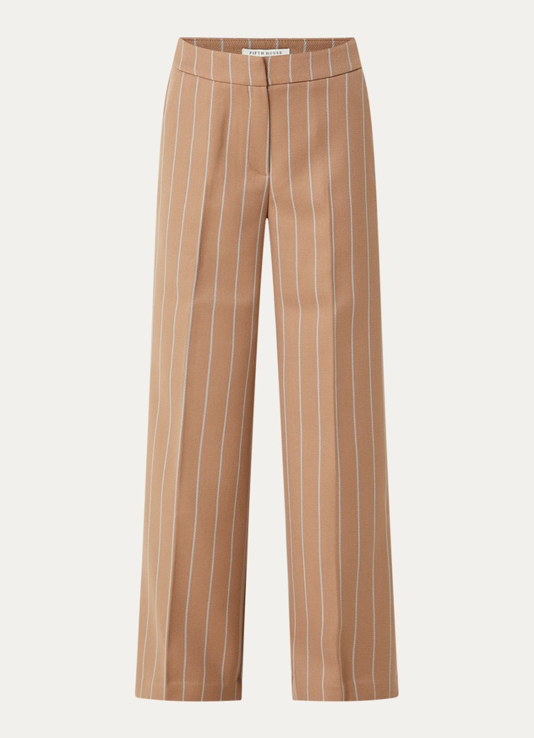 Fifth House Dames Maeve mid waist wide fit pantalon in wolblend met krijtstreep in de kleur Bruin