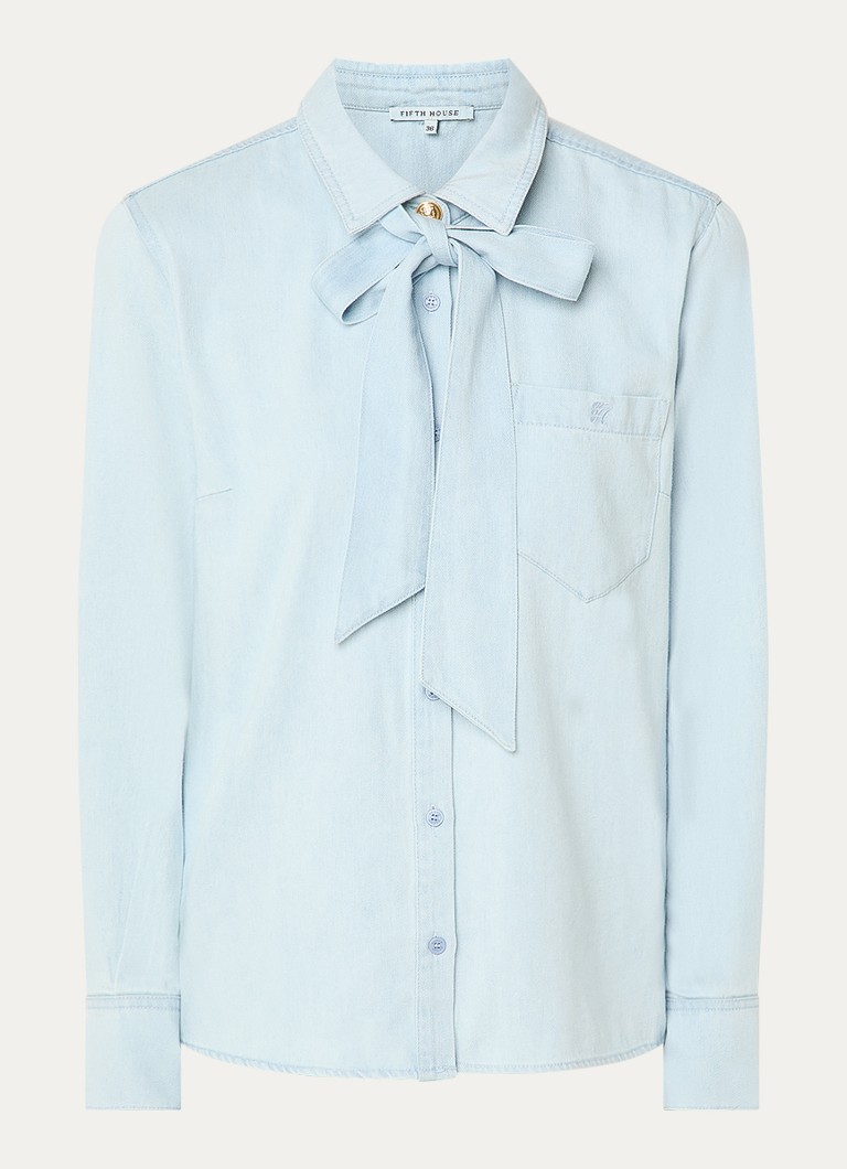 Fifth House Dames Mette blouse van denim met borstzak en sjaalkraag in de kleur Lichtblauw