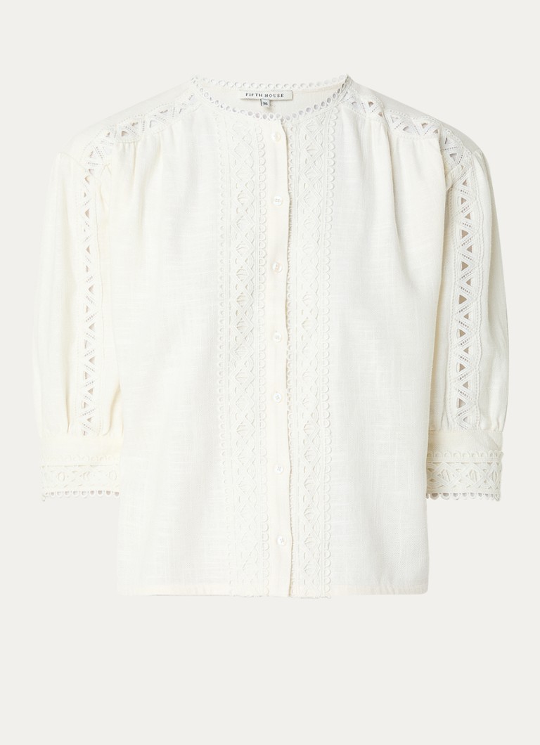 Fifth House Dames Morgan blouse in linnenblend met broderie in de kleur Gebroken wit