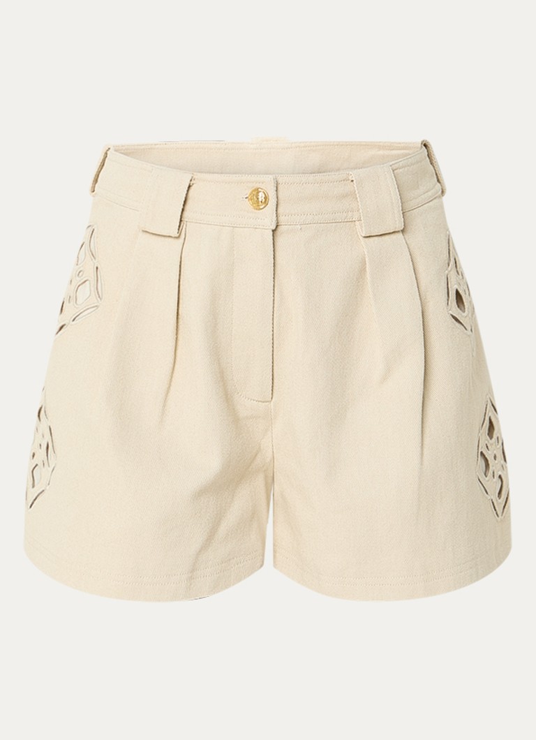 Fifth House Dames Nanouk mid waist straight fit korte broek met opengewerkt dessin in de kleur Beige