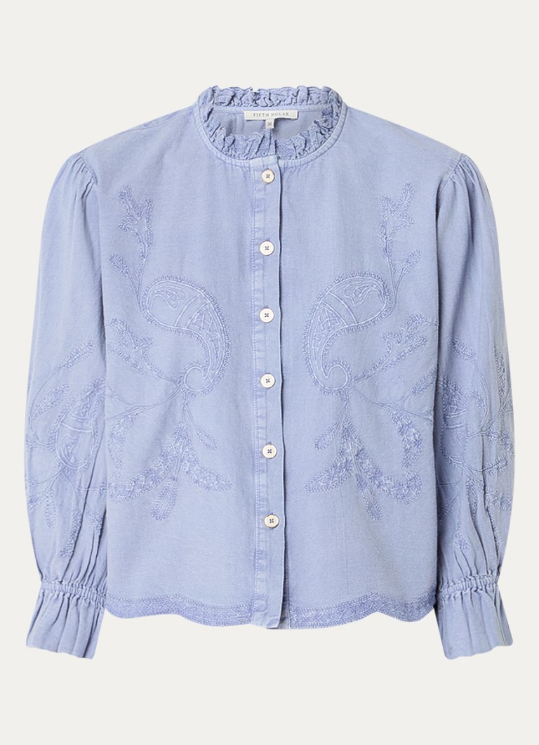 Fifth House Dames Naomi blouse in linnenblend met borduring in de kleur Staalblauw