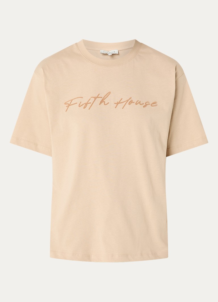Fifth House Heren Odilla T-shirt met flock logoprint in de kleur Beige