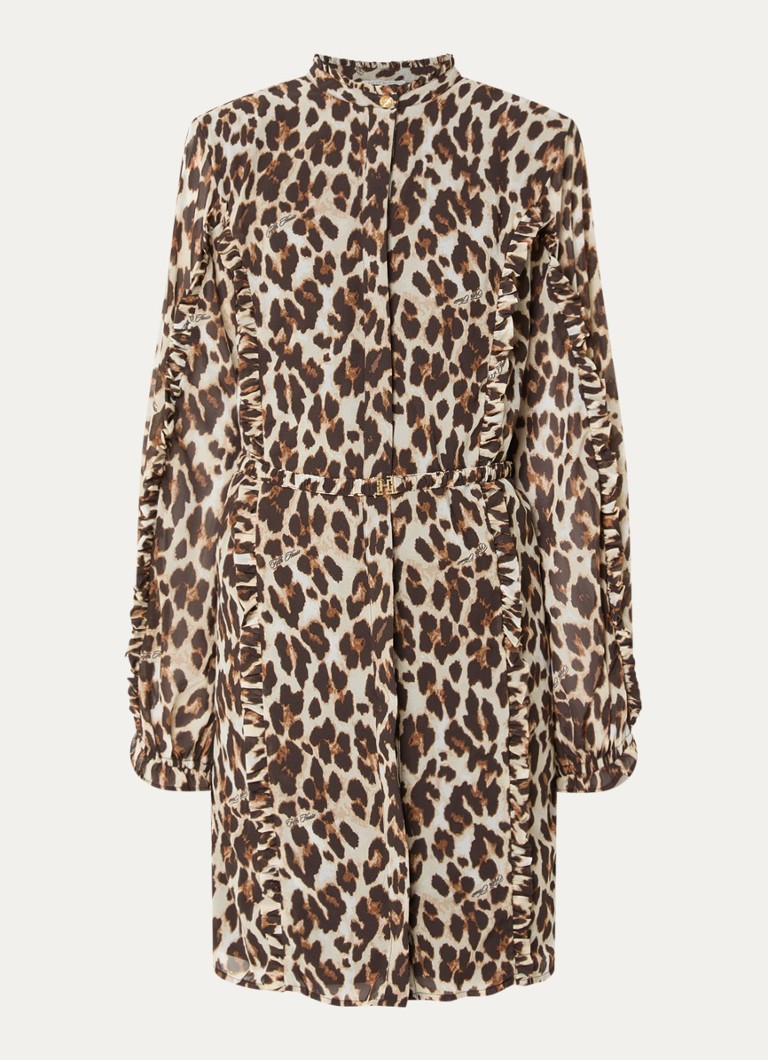 Fifth House Dames Palesa mini blouse jurk met panterprint en volant in de kleur Bruin