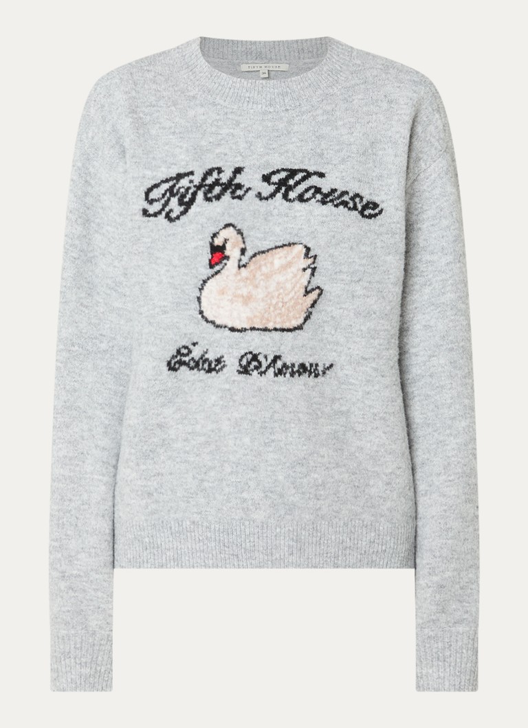 Fifth House Dames Palmmer fijngebreide trui in wolblend met ingebreide print in de kleur Lichtgrijs