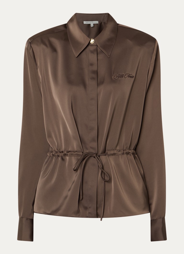 Fifth House Dames Pomeline blouse met logoborduring in de kleur Bruin