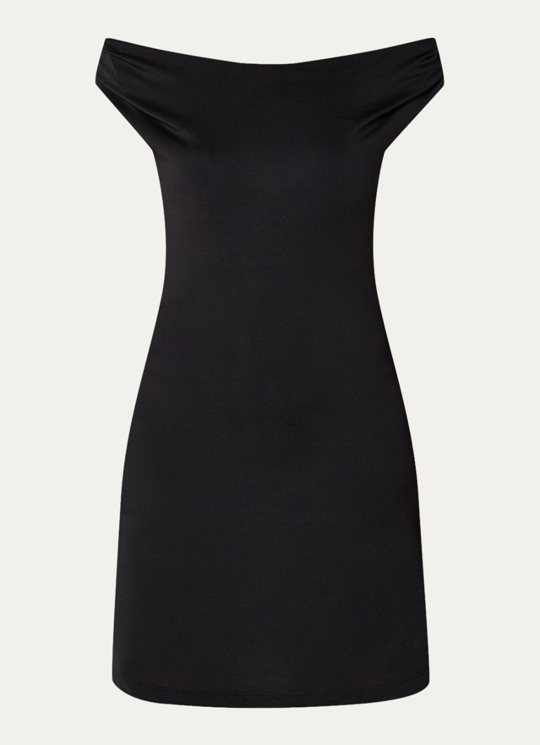 Modström Dames Hima off shoulder mini jurk van satijn in de kleur Zwart