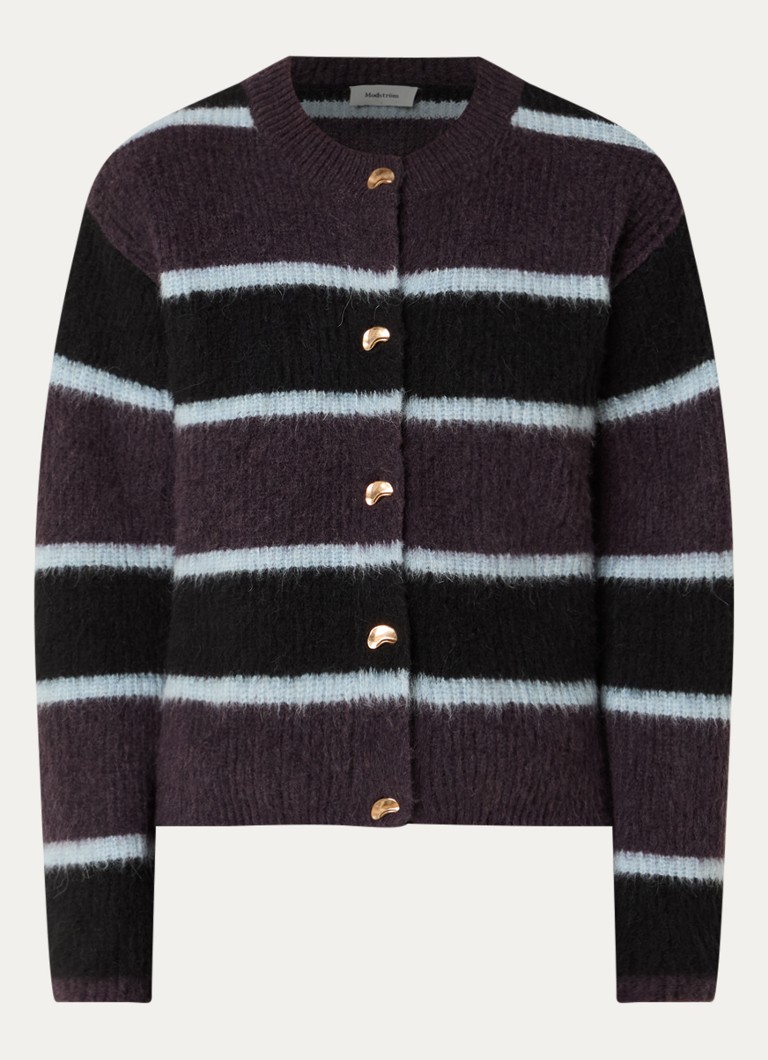 Modström Dames Rafael fijngebreid vest in alpaca wolblend met streepprint in de kleur Aubergine
