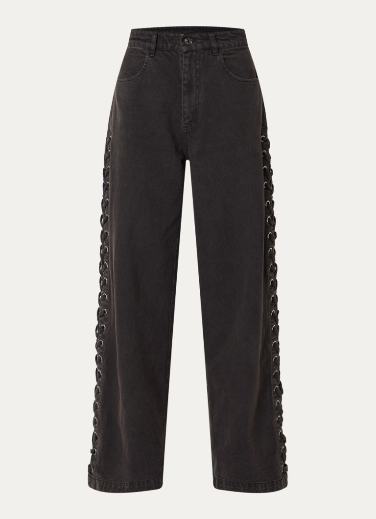 Modström Dames Riya high waist straight leg jeans met rijgdetail in de kleur Donkergrijs