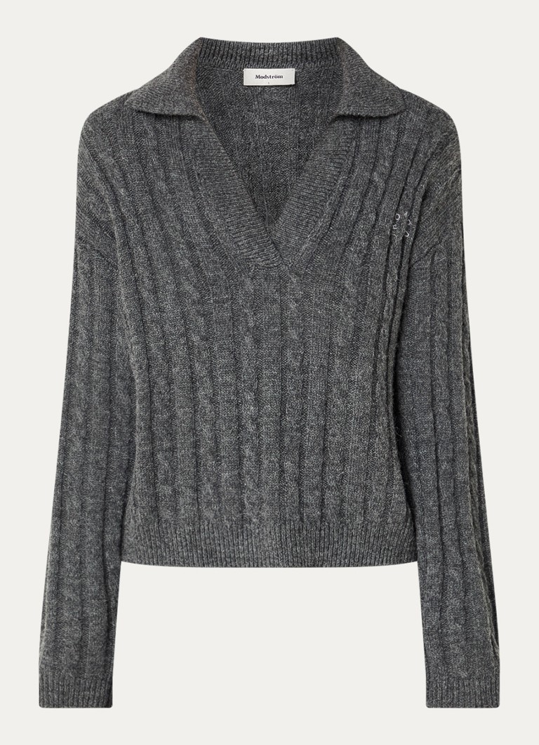 Modström Dames Rise kabelgebreide polo in alpaca wolblend in de kleur Donkergrijs